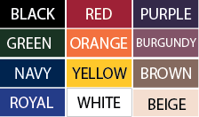 colors chart: black, green, navy, royal blue, red, orange, yellow, white, purple, burgundy, brown, beige