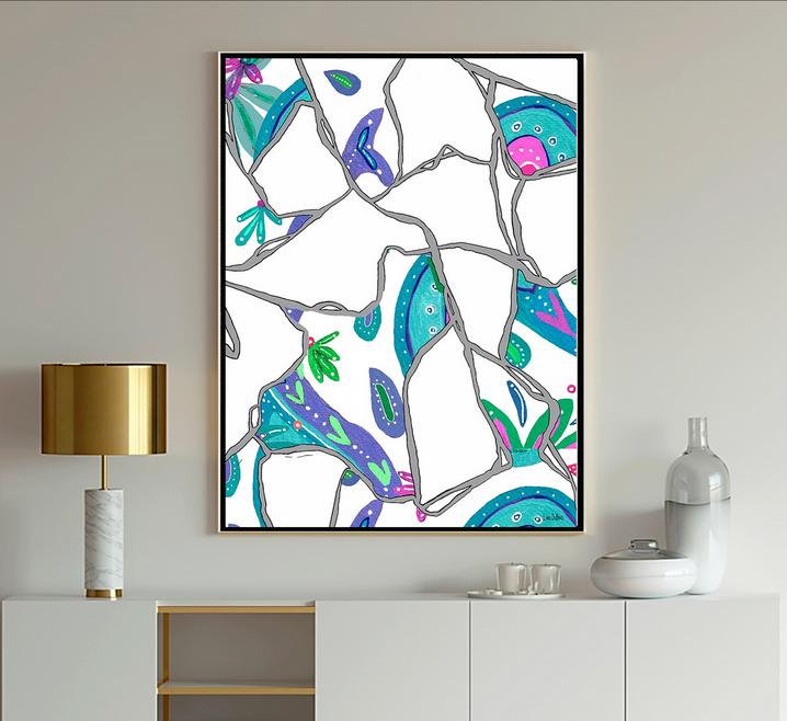 Blue Abstract abstract art in turquoise, tan, gray and white