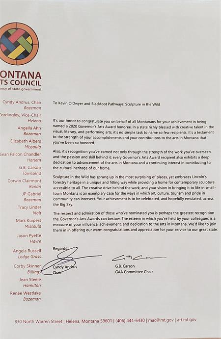 Letter from Montana Governor acknowledging 2020 Governors Arts Award.