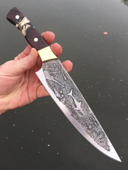 Custom hand made Chef knife with Shipwreck and shark Nautical blade etching. Functional metal art by Dan Berg. Free step by step instructions from www.diyeasycrafts.com