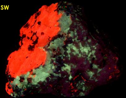 fluorescent BARYTE, CALCITE, ANDRADITE - Franklin Mine, Franklin, Franklin Mining District, Sussex County, New Jersey, USA - ex Borden, ex Morris Museum