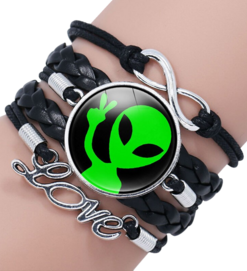 Green Alien Friendship Leather Bracelet Multilayer Glass Cabochon Bangle Bracelets Handmade Children's Gifts