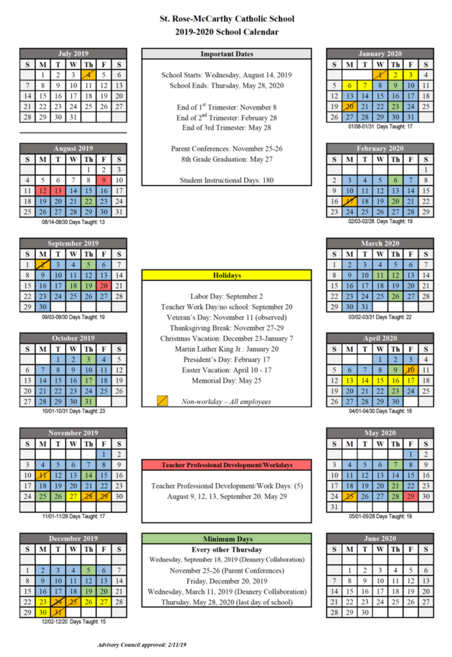 St. Rose-McCarthy Catholic School | School Year-at-a-Glance