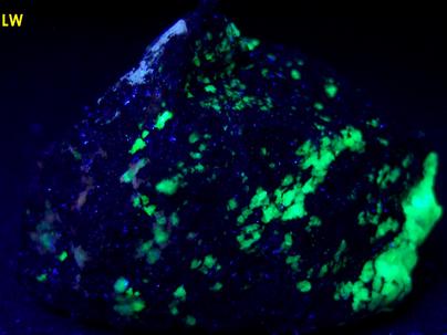 fluorescent ESPERITE, WILLEMITE, CLINOHEDRITE, FRANKLINITE, Franklin Mine, Franklin, Franklin Mining District, Sussex County, New Jersey, USA, type locality