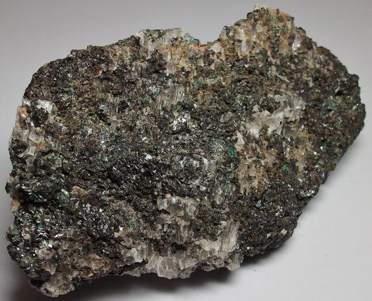 GYPSUM, MAGNETITE, fluorescent CALCITE, MALACHITE - Sterling Mine, Sterling Hill, Ogdensburg, Franklin Mining District, Sussex County, New Jersey, USA