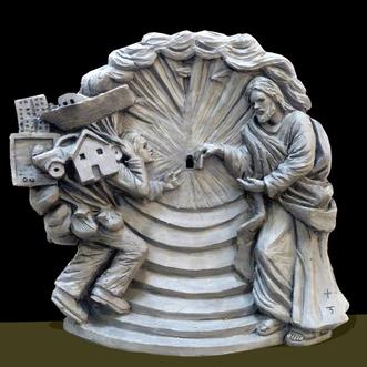 Sculpture of Jesus showing a tiny door to person over-burdened with world's goods. Artist Timothy P. Schmalz.