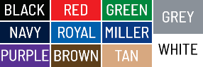 privacy windscreen color chart: black, navy, royal, green, tan, gray, brown, red, orange, white
