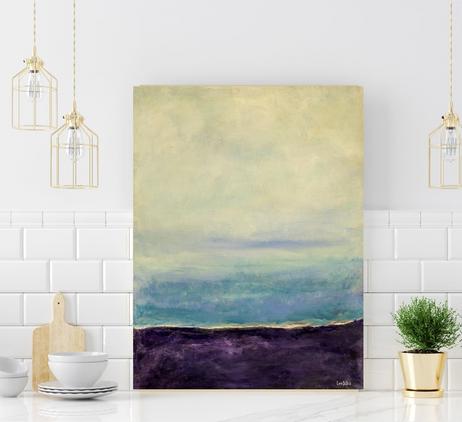 Blue Art ocean seascape in light blue, purple and white which shows calm ocean water