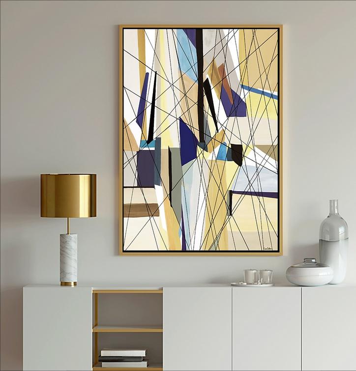 Blue Abstract Modern Art painting with geometric shapes in blue, light blue, gray, lavender and white with black lines from Dubois Art