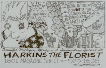 A hand-drawn cartoon of Vic and Nat'ly talking next to a bucket of Michigan Gladioluses in the cooler