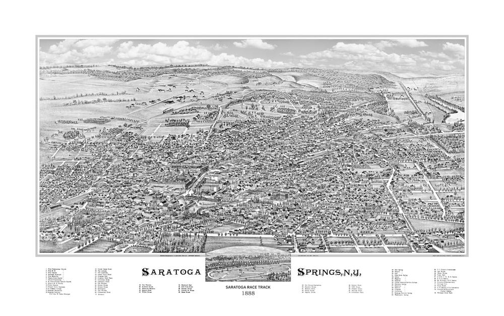 Saratoga Springs, N.Y. 1888 Birds Eye View - Map -Panoramic Aero View - Lucien R. Burleigh - Restored Enhanced Lithograph Reproduction - New York Archival Prints, Cooperstown N.Y.