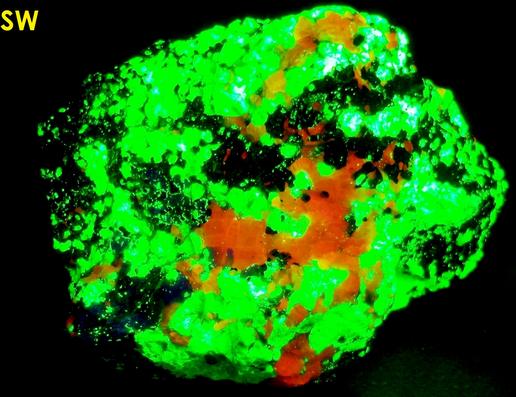 FRANKLINITE, ZINCITE, fluorescing WILLEMITE, CALCITE and HARDYSTONITE - Franklin Mine, Franklin, Franklin Mining District, Sussex County, New Jersey, USA - type locality of Franklinite, Zincite, and Hardystonite - sold