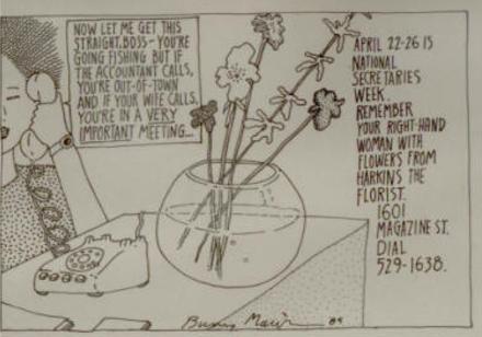 A hand-drawn cartoon of a secretary keeping track of her boss's complex and dishonest schedule next to a floral arrangement