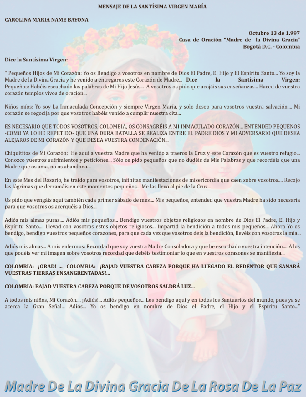 OCTUBRE 13 de 1997 Bogotá Colombia - mensaje de la virgen