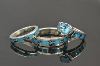 Spiderweb turquoise engagement ring and wedding ring set
