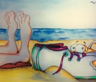If Fish Wore Shoes. A fish eyeing shoes on the beach.
