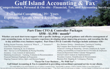 Postcard Image: Sanibel Florida - Part-Time CFO & Controller Packages, Rolling Income Forecasts, Cash Flow Forecasting & Advice, Investment and Financing and Tax Evaluations, SKU/Service Level Profitability and Pricing Flexibility, Inventory - Cost and Control and Optimization, Marketing Investments - Tracking and Evaluation and Recommendations, Financial Statement Highlights & Projections, Ongoing Financial Advice, Key Business Metrics - Identification and Tracking and Trending, Big Company Best Practices For Small Companies, Financial Coaching & Mentoring - Owner and Employees and Agents, Adding Accountability to Financial Service Providers & Employees, Financial Department Online Calendar Management, Internal Control Analysis & Implementation, Procedure Creation and Simplification and Documentation, Business Risk Mapping & Contingency Planning