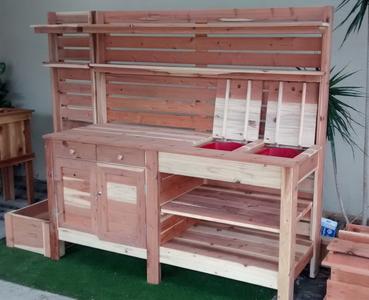 Construction grade redwood, 6' potting bench, Double door, double drawers, soil tray
