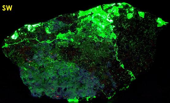 fluorescent WILLEMITE and HYDROZINCITE, ZINCITE, FRANKLINITE,Sterling Mine, Sterling Hill, Ogdensburg, Franklin Mining District, Sussex County, New Jersey, USA