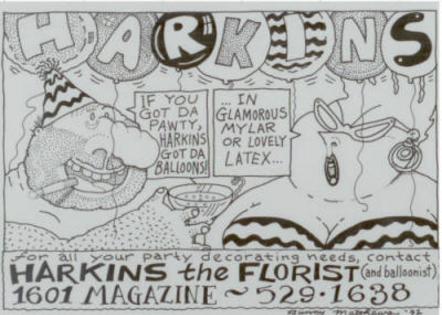 A hand-drawn cartoon of Vic and Nat'ly surrounded by balloons, discussing that harkins now has latex and mylar balloons