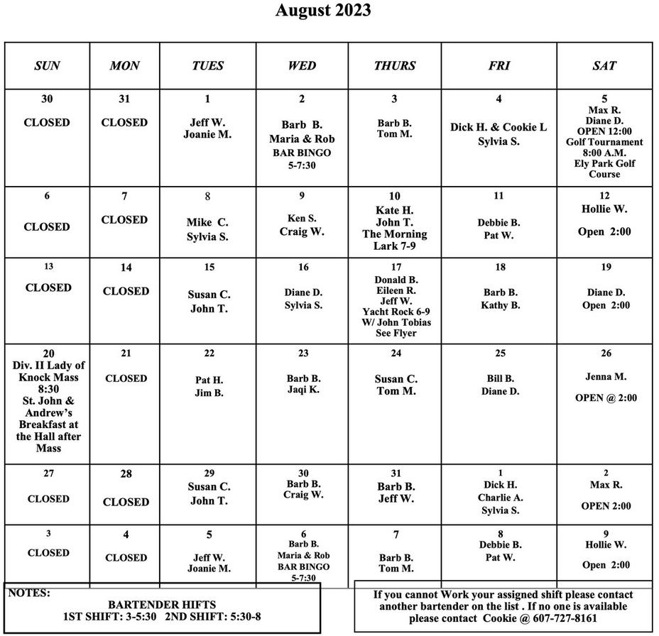 Bartender Schedule