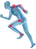 Human with see through bones and glowing red joints in a running stride