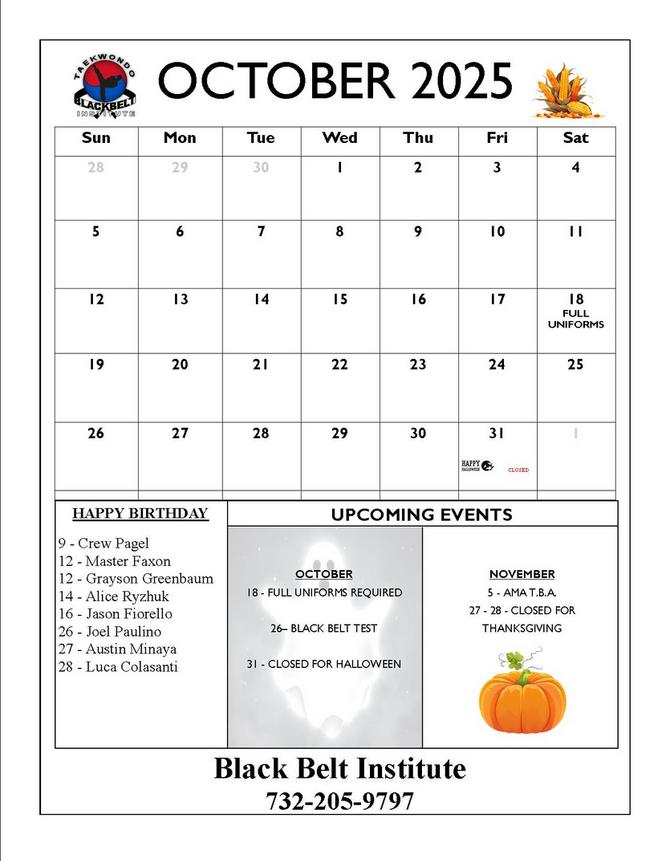 BLACK BELT INSTITUTE MARTIAL ARTS AND KARATE EVENTS CALENDER METUCHEN EDISON