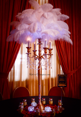 Hourglass gold stand ostrich feathers centerpiece - RentalCenterpiece