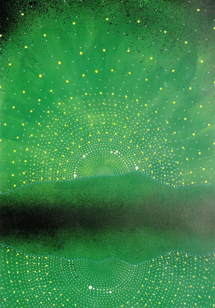 Lucent Horizon by Orfhlaith Egan. Contemporary abstract green landscape painting with radiant dotted light and atmospheric horizon, from the Lucent Landscapes series, available on Saatchi Art.