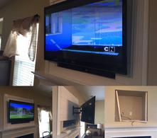 custom fireplace niche tv mounting, niche covered with crown molding with flatscreen mounted over