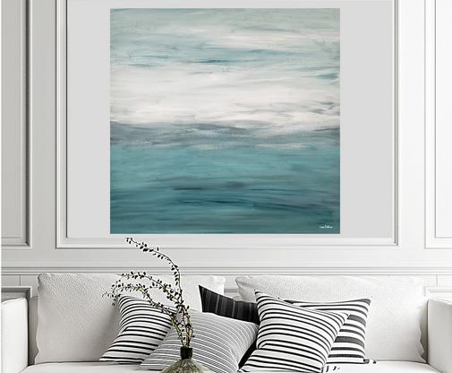 Aqua Art ocean seascape in light blue and white which shows calm ocean water and clouds in the sky.