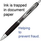 Black retractable uni-ball pen helps prevent cheque and document fraud.