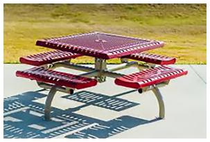 red and tan 46" square metal table