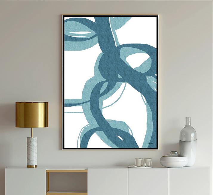 Abstract Art showing calming lines in deep blue against a subtle light beige and white background