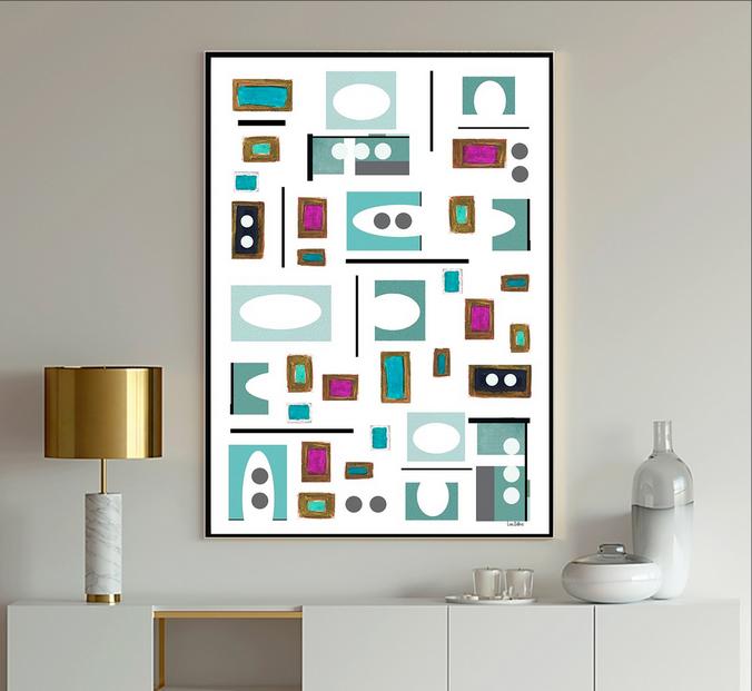 Blue Abstract Modern Art painting with geometric shapes in blue, light blue, gray, lavender and white with black lines from Dubois Art