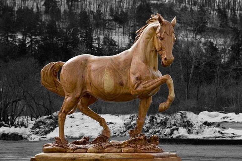 Wood carvings for sale. Horse art. Wood horse. Life sized horse wood sculpture for sale. Gig Harbor, WA custom wood carver.