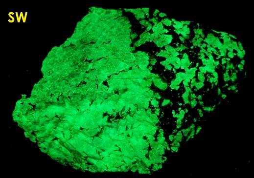SW LW fluorescent Willemite, red Zincite, black Franklinite - Franklin Mine, Franklin, Franklin Mining District, Sussex County, New Jersey, USA - type locality