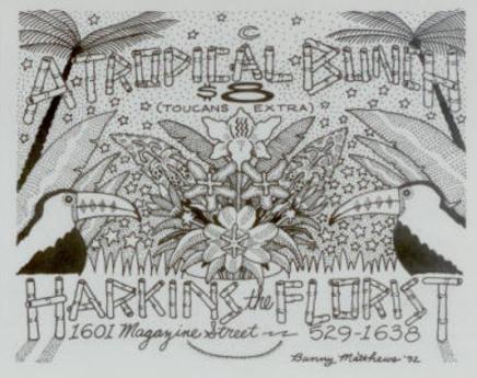 A hand-drawn cartoon of a tropical arrangement with lettering made from bamboo advertising $8 tropical bunches
