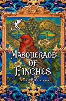 Masquerade of Finches book cover with a red bird and green mask