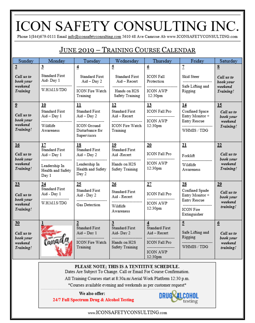 Monthly Safety Training Calendar ICON SAFETY CONSULTING INC ®