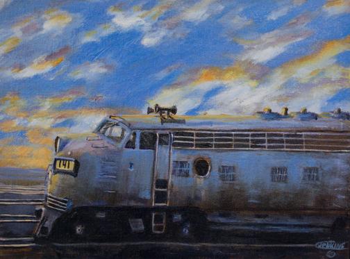 Painting diesel railroad locomotive