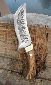 DIY Leaf spring knife with metal etched flames and a handle made from firewood. FREE step by step instructions. www.DIYeasycrafts.com