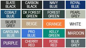 10oz VCP windscreen color chart: black, charcoal, light gray, tan, kelly green, forest green, navy, royal, maroon, purple, white, carolina blue, brown, red, orange