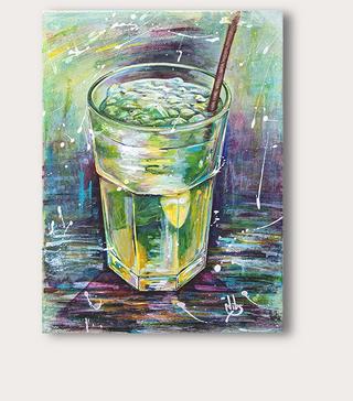 mojito cocktail, mojito cocktail with straw, acrylic painting, drink in glass