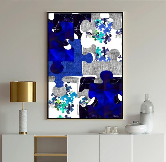 Blue Abstract Modern Art painting with geometric shapes in blue, light blue, gray, lavender and white with black lines from Dubois Art