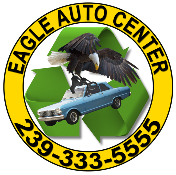 An eagle carrying a junk car, with a recycling sign behind it