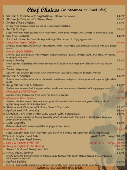 Dragon Inn Dinner Menu