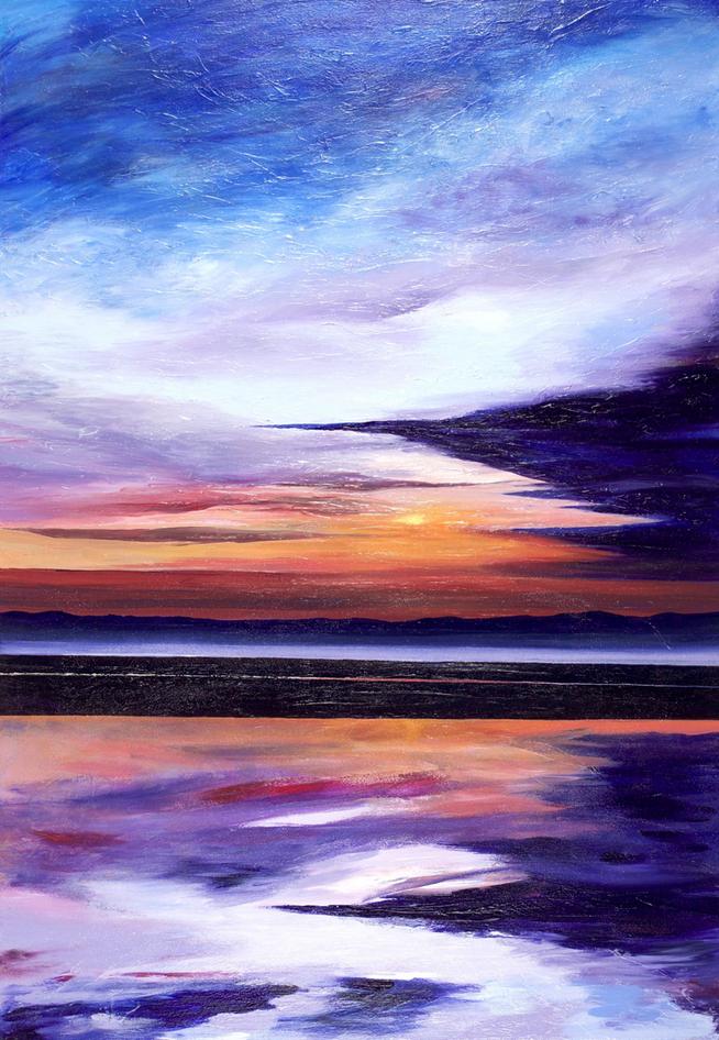 Evening Sun. 100x70cm. Original contemporary re-imagined acrylic seascape/sunset painting for sale by Irish artist Orfhlaith Egan.