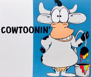 Cowtoonin'. A cow dips their tail in paint.