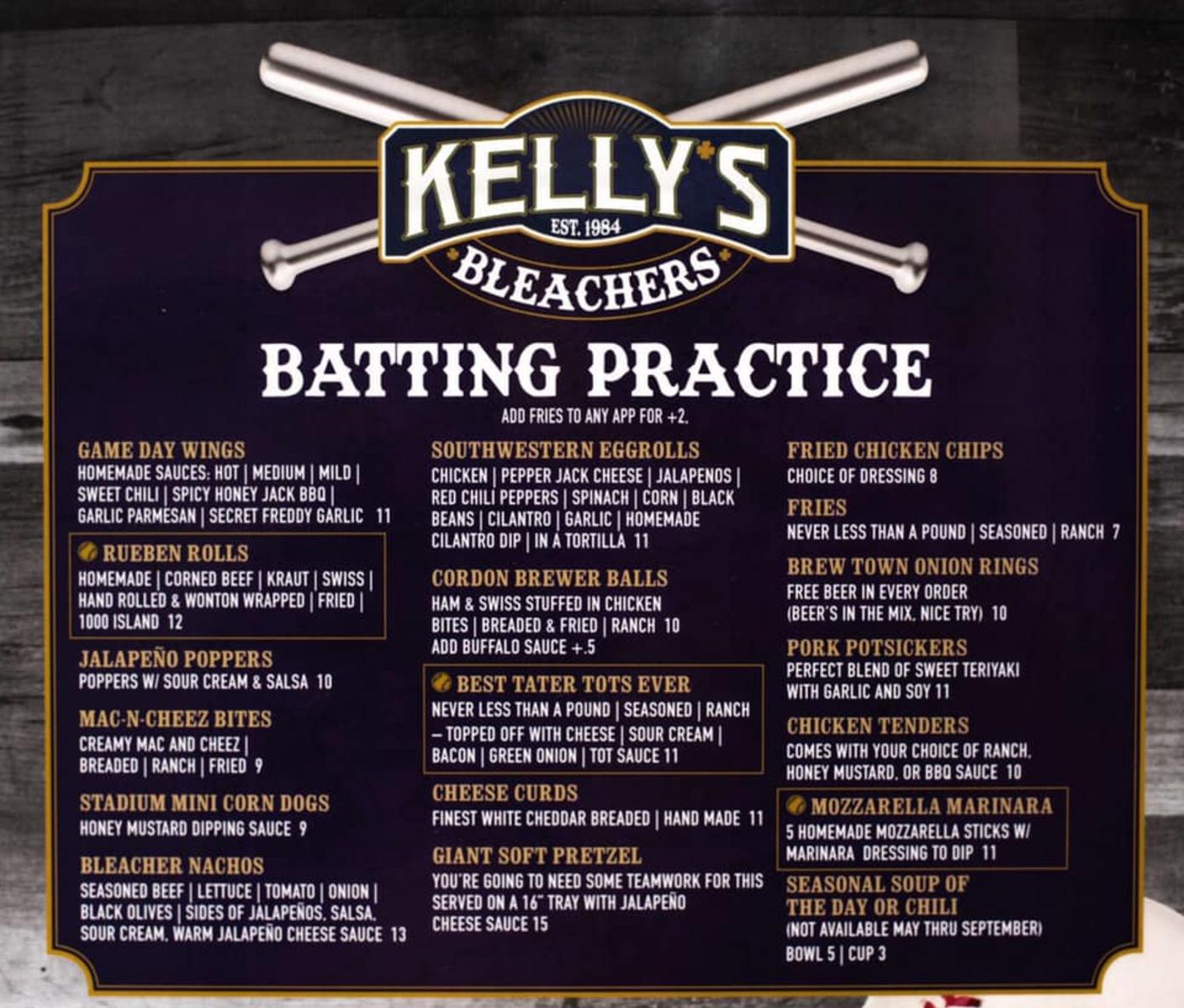 KELLY'S BLEACHERS MENU